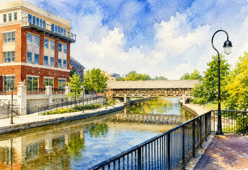 Naperville Riverwalk with the covered bridge